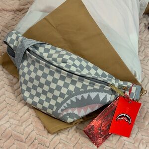 Sprayground Grey Checkerboard Shark Fanny Pack with Red Tags